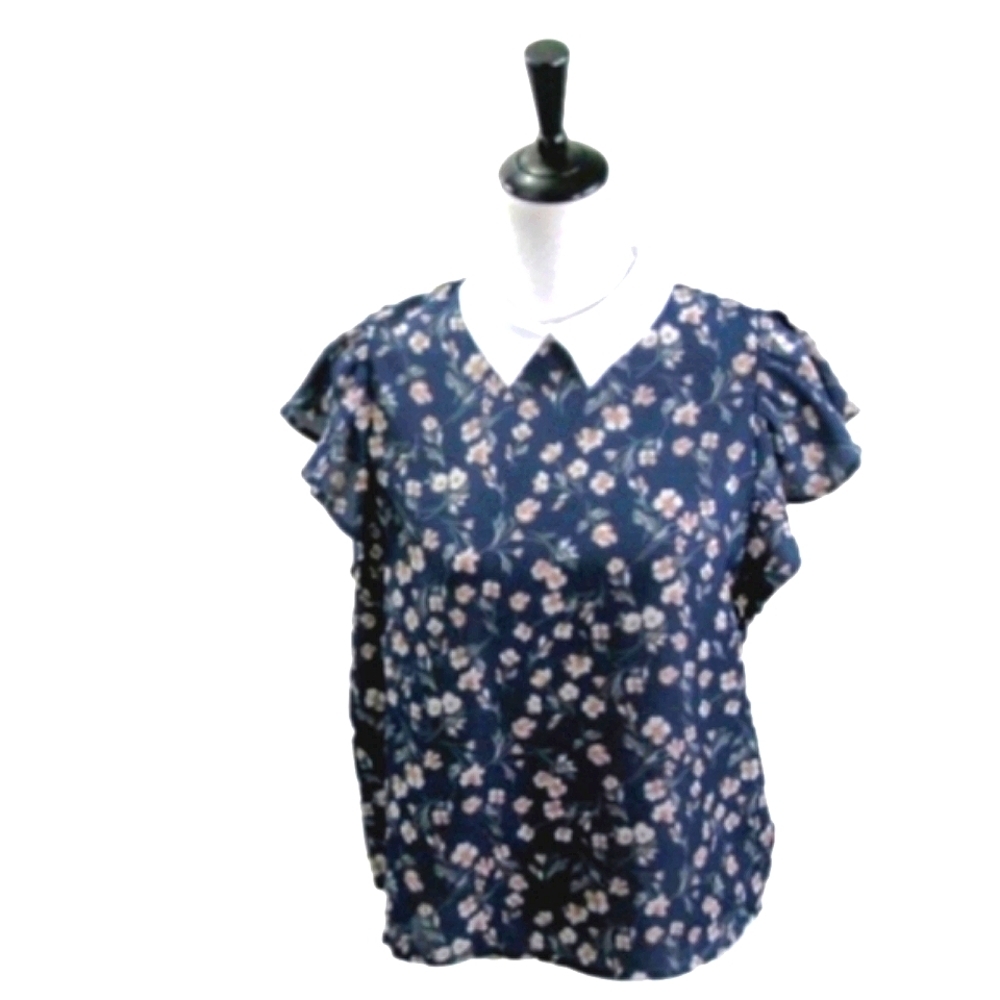 MONTEAU Navy/White Collar Semi-Sheer Short Sleeve Blouse Size Medium